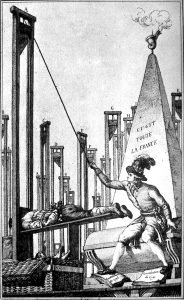 Una caricatura che mostra Robespierre intento a ghigliottinare il boia stesso, ultimo superstite rimasto a Parigi. 